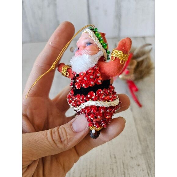 Wooden reindeer sequin beaded Santa vintage ornament Xmas set - Picture 2 of 13